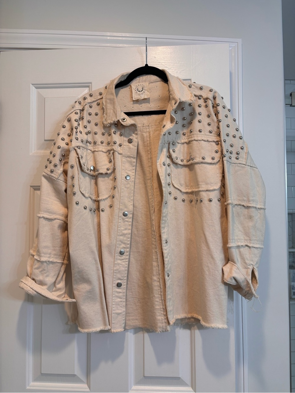 Fantastic Fawn Beige Studded Oversized Denim Jacket